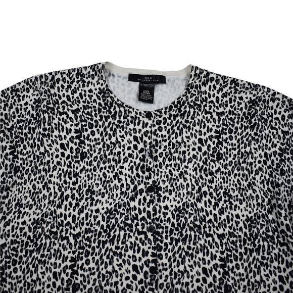 SILX August Silk black/cream leopard print cardigan sweater size SLIM FIT Large - Picture 2 of 6